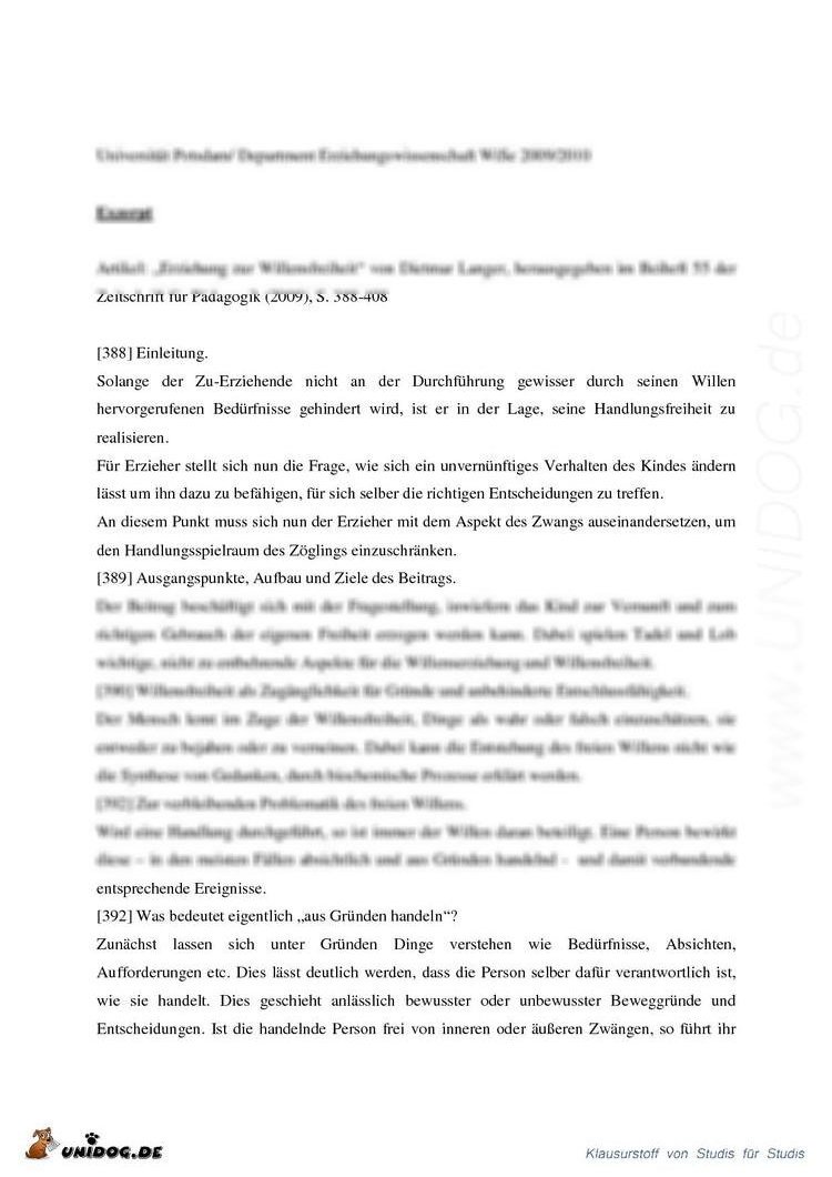 Exzerpt Artikel Erziehung Zur Willensfreiheit Von Dietmar Langer